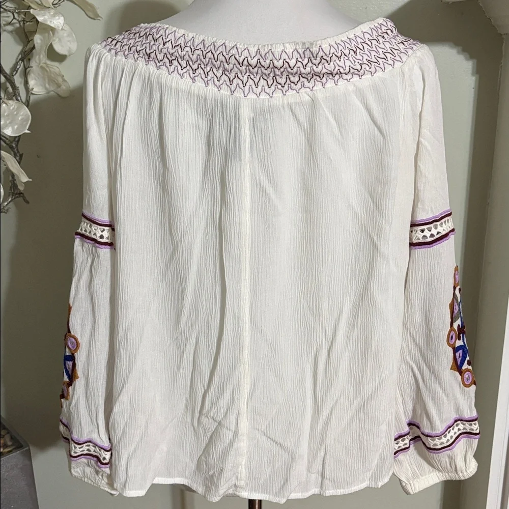 INC International Concepts Cream Blouse Purple Embroidery